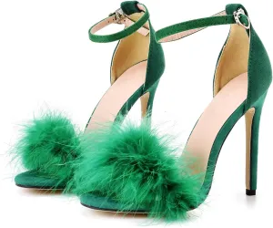 Women's Open Toe Ankle Strap Fluffy Feather Stiletto Heels Sandals Dress Sandal Party Evening High Heel Pump Shoes