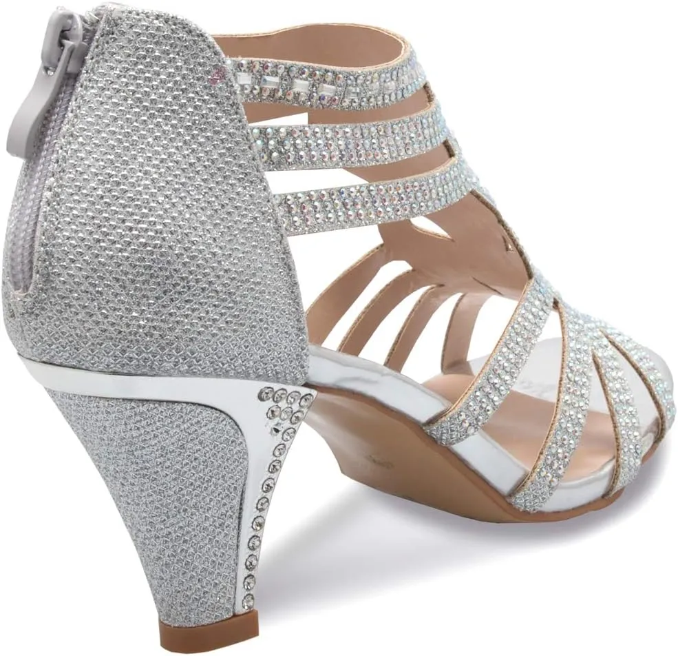 Women's Open Toe Strappy Rhinestone Dress Sandal Low Heel Wedding Shoes White Glitter - adorable, comfortable
