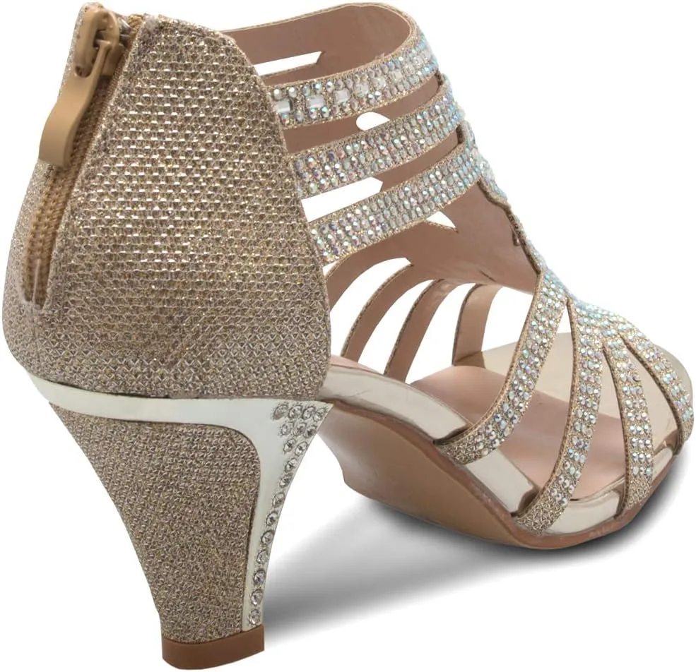Women's Open Toe Strappy Rhinestone Dress Sandal Low Heel Wedding Shoes White Glitter - adorable, comfortable