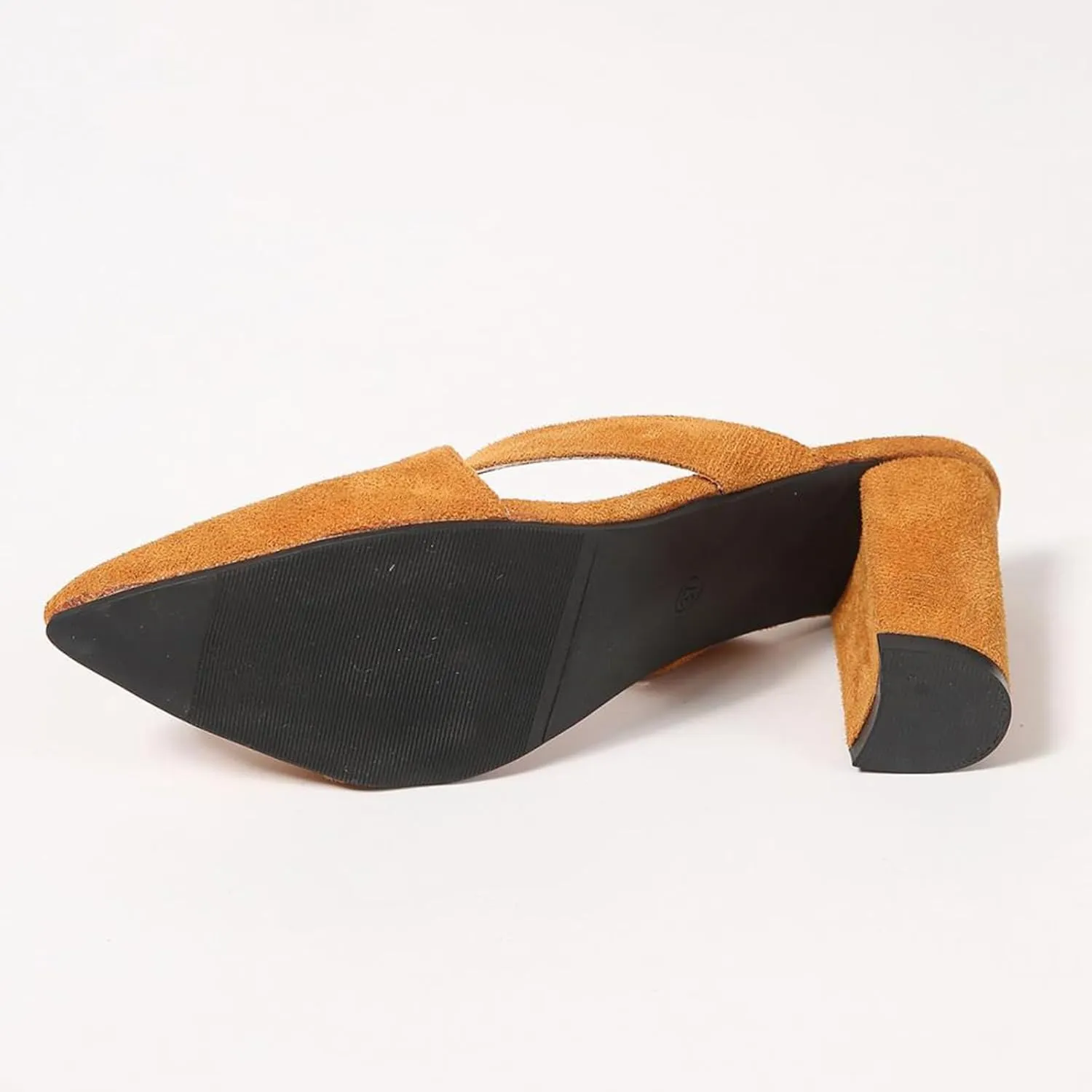 Women's Orange Cutout Backless High Heel Mules Suede Slip on Closed Pointed Toe Block Heeled Sandals