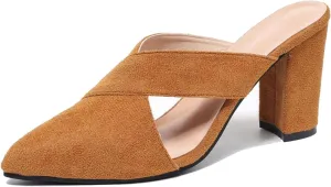 Women's Orange Cutout Backless High Heel Mules Suede Slip on Closed Pointed Toe Block Heeled Sandals
