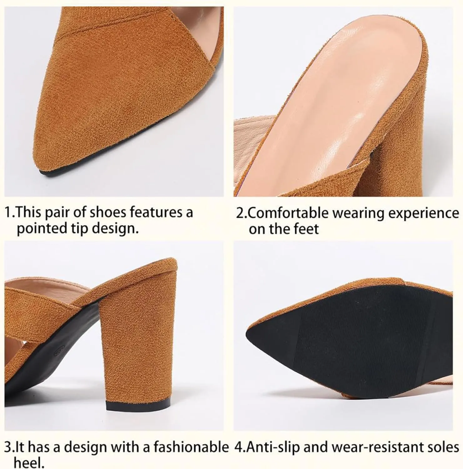 Women's Orange Cutout Backless High Heel Mules Suede Slip on Closed Pointed Toe Block Heeled Sandals