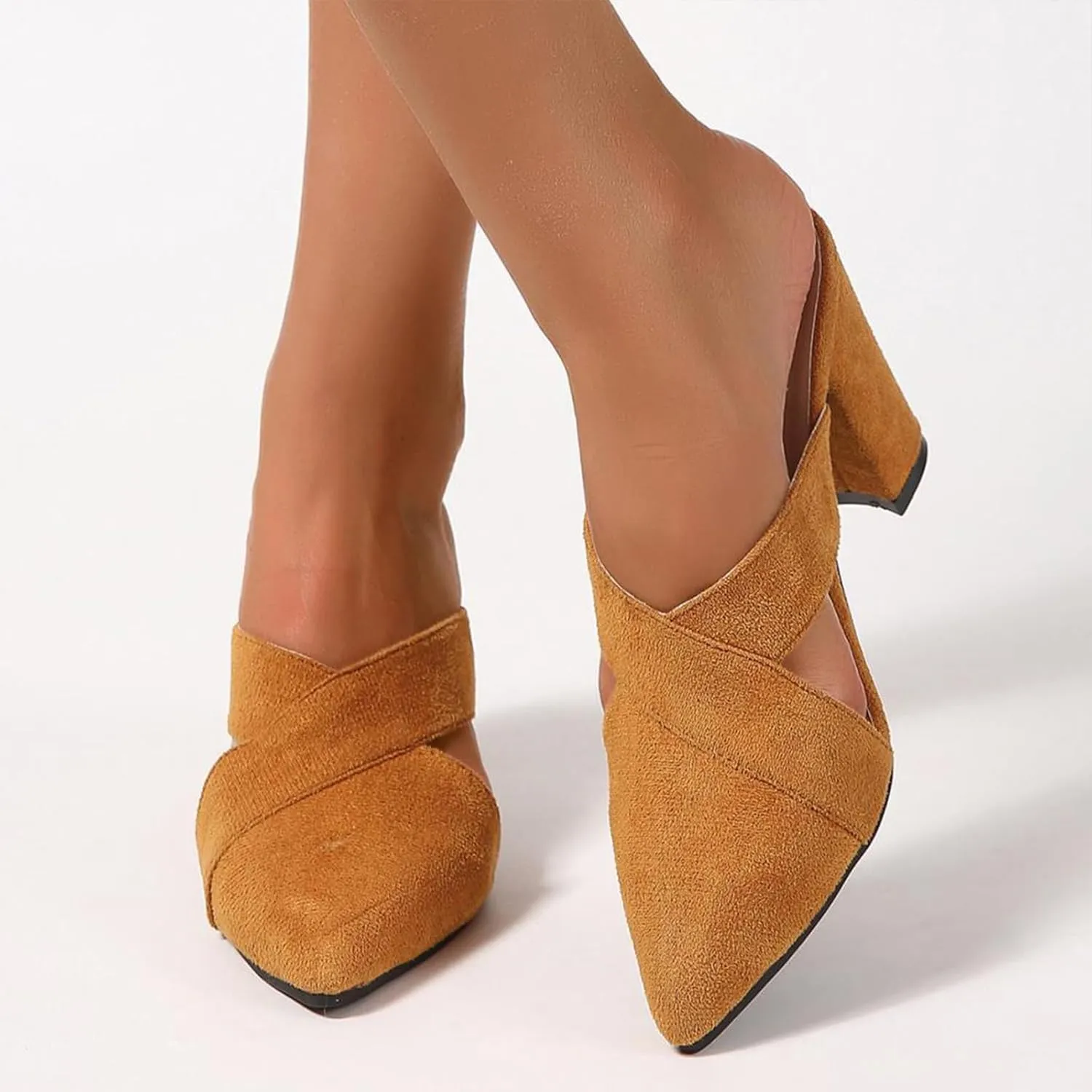Women's Orange Cutout Backless High Heel Mules Suede Slip on Closed Pointed Toe Block Heeled Sandals