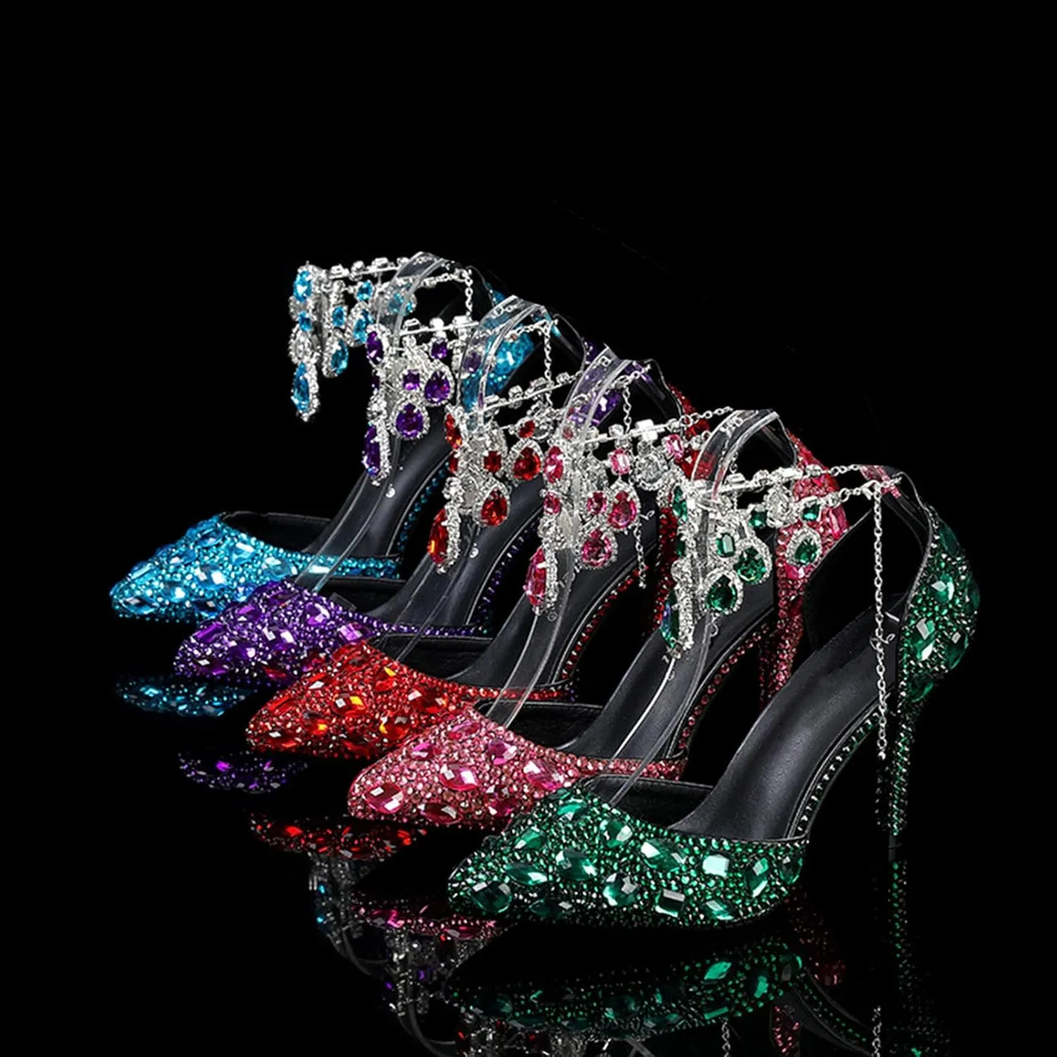 Women's Oversized Tassel Rhinestone High Heels Slim Heel Pointed Sandals Bride's Luxurious Rhinestone Wedding Shoes