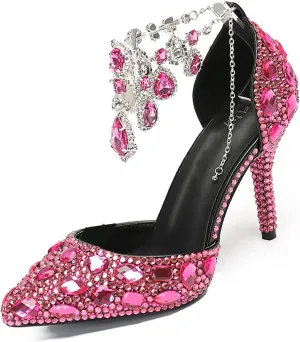 Women's Oversized Tassel Rhinestone High Heels Slim Heel Pointed Sandals Bride's Luxurious Rhinestone Wedding Shoes