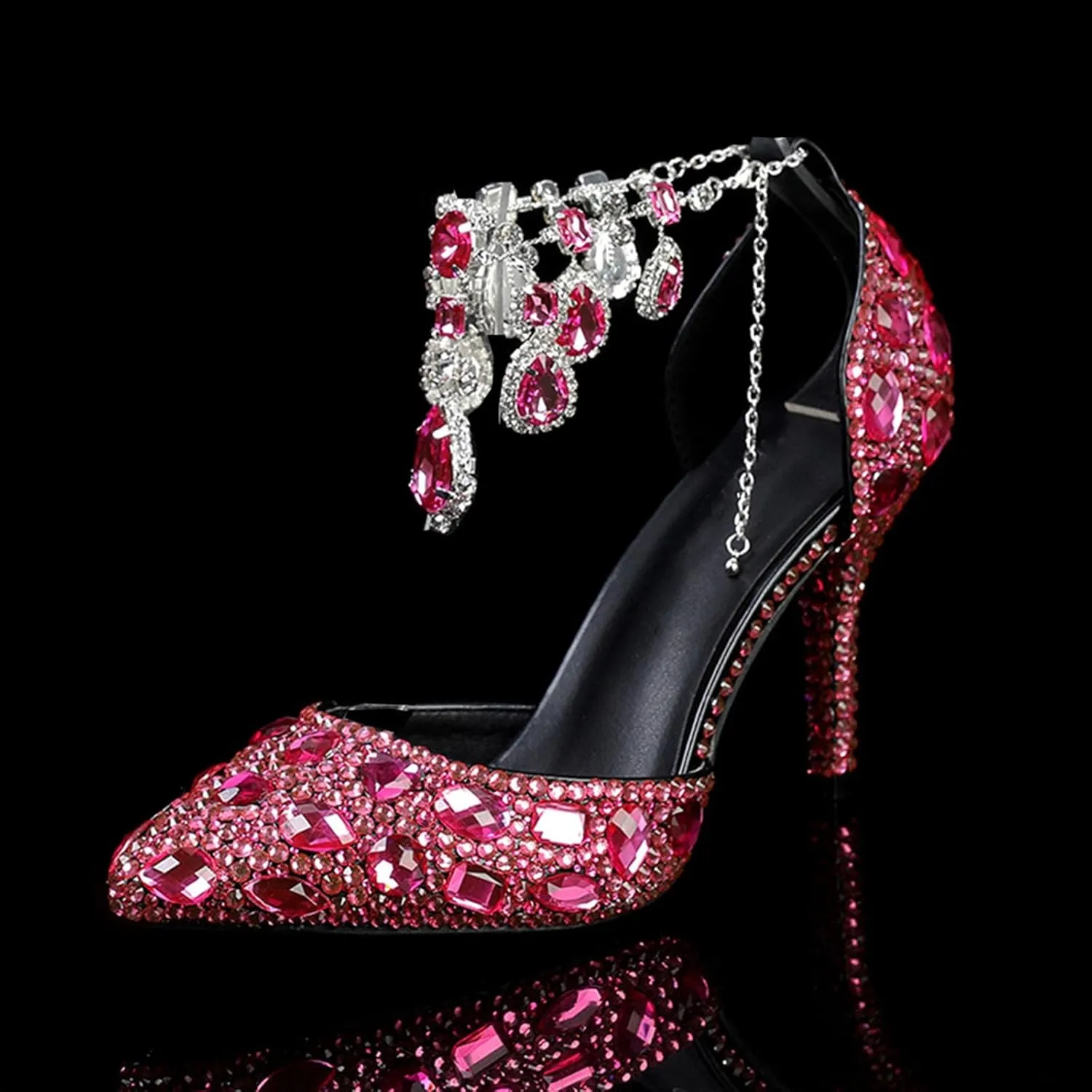Women's Oversized Tassel Rhinestone High Heels Slim Heel Pointed Sandals Bride's Luxurious Rhinestone Wedding Shoes