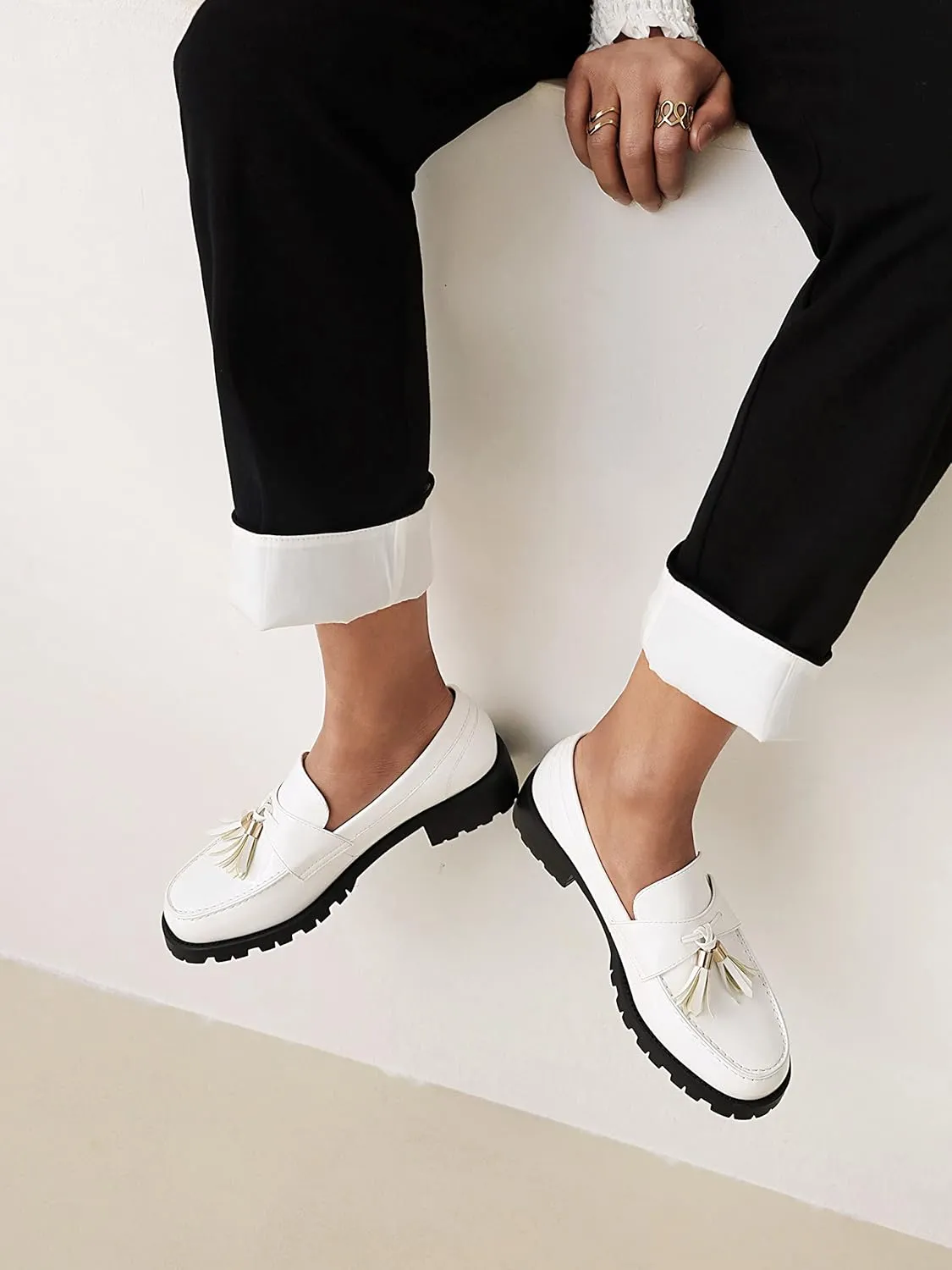 Women's Patent Leather Tassel Chunky Loafer Casual Slip On Platform Loafer Work Shoes