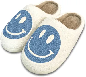Women's Retro Smile Face Slippers, Soft Plush, Anti-Skid Sole, White, Size US 5-11/EU 36-43