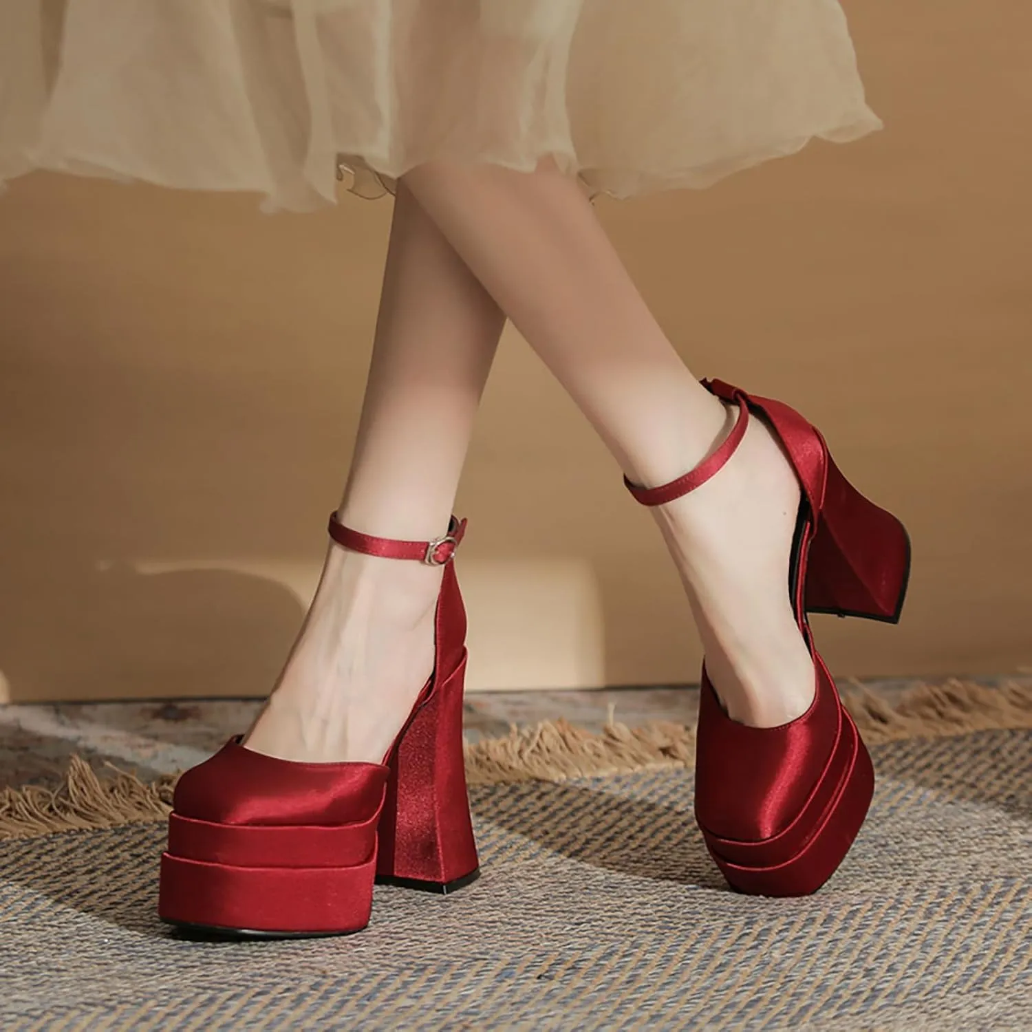 Womens Satin Square Toe Platform Chunky High Heel Pumps Fashion Adjustable Ankle Strap Closed Toe Sexy Block Heels Wedding Evening Party Dress Shoes