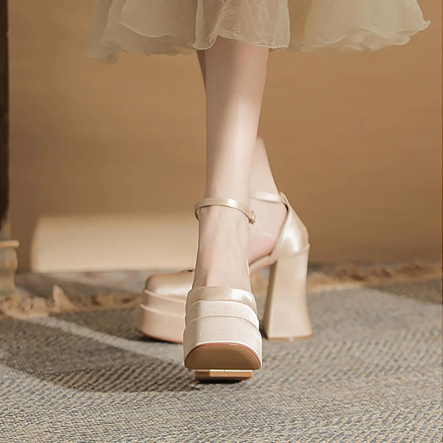 Womens Satin Square Toe Platform Chunky High Heel Pumps Fashion Adjustable Ankle Strap Closed Toe Sexy Block Heels Wedding Evening Party Dress Shoes