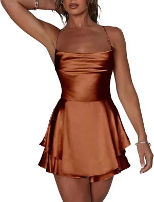 Women's Sexy Backless Short Romper Satin Dress Cowl Neck Tie Ruffle Layer Spaghetti Strap Jumpsuit Beach Mini Dress