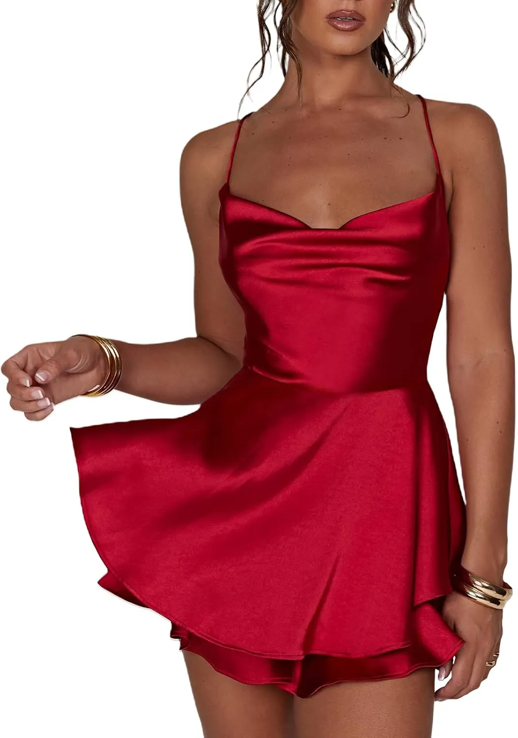 Women's Sexy Backless Short Romper Satin Dress Cowl Neck Tie Ruffle Layer Spaghetti Strap Jumpsuit Beach Mini Dress