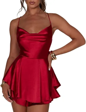 Women's Sexy Backless Short Romper Satin Dress Cowl Neck Tie Ruffle Layer Spaghetti Strap Jumpsuit Beach Mini Dress