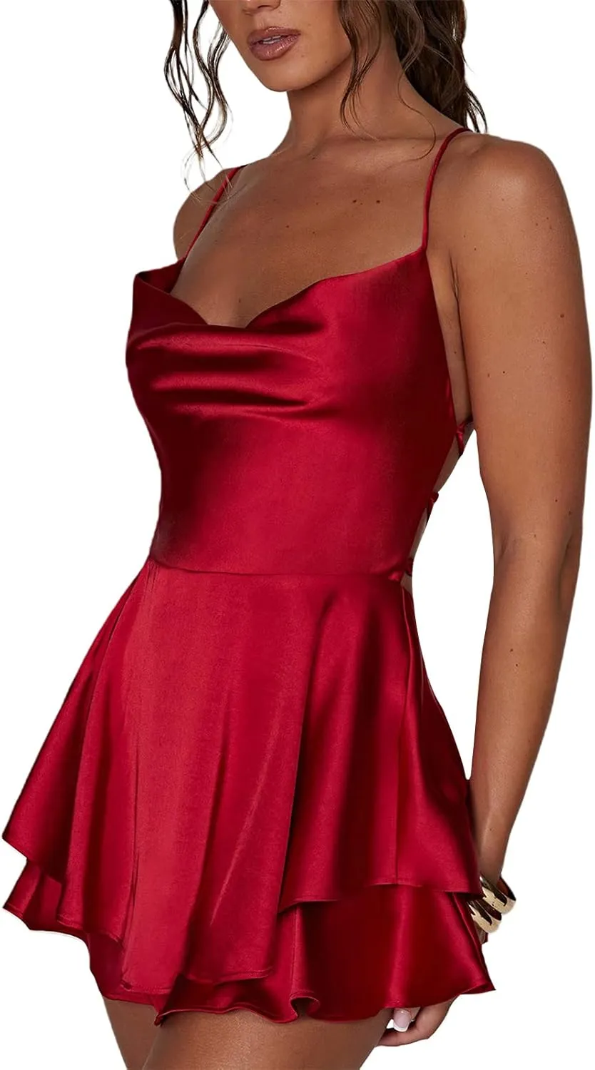 Women's Sexy Backless Short Romper Satin Dress Cowl Neck Tie Ruffle Layer Spaghetti Strap Jumpsuit Beach Mini Dress