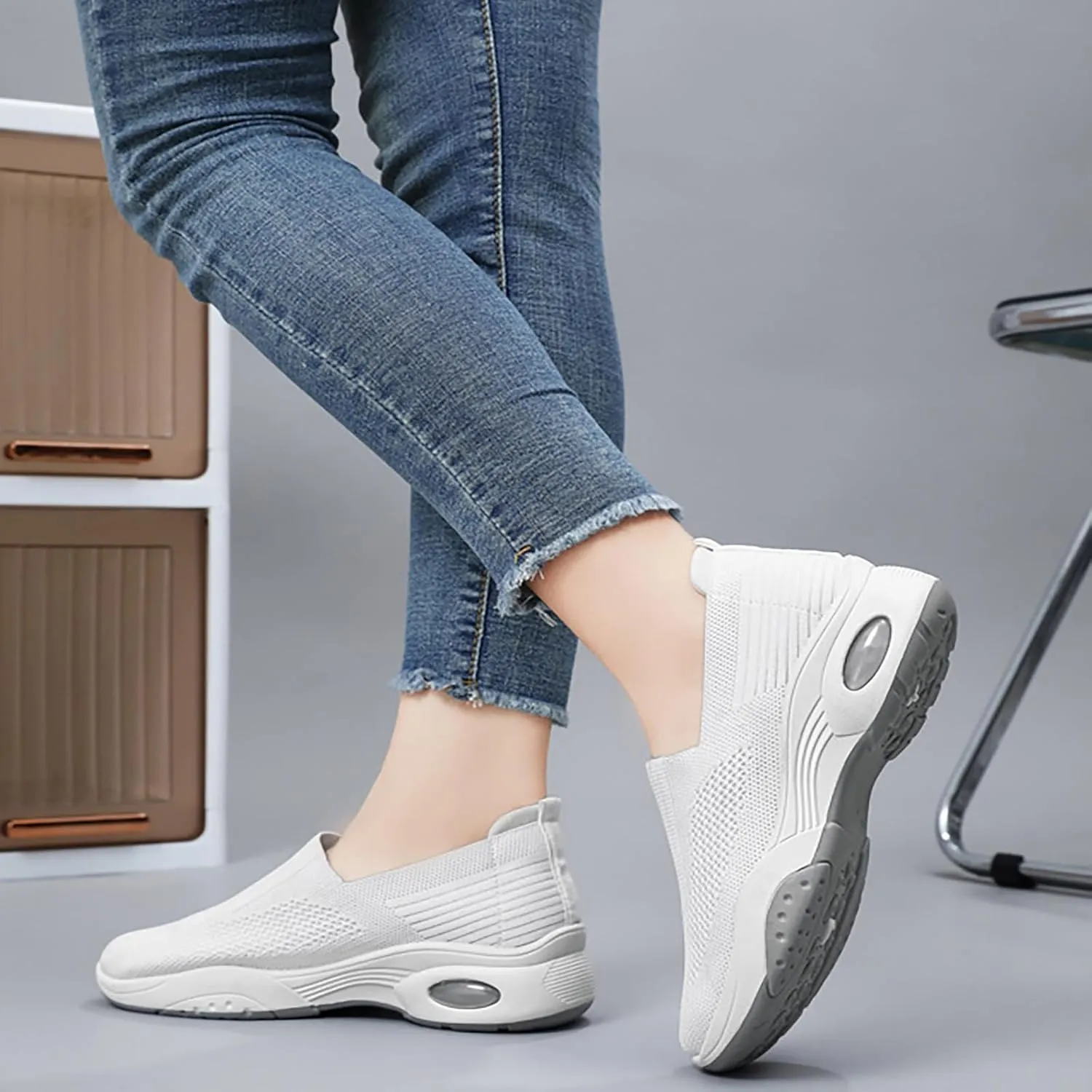 Women's Slip-On Orthopedic Sneakers - Breathable Mesh Knitted Walking Shoes with Wide Width, Arch Support & Non-Slip Sole - Lightweight Low-Top Design for All-Day Comfort