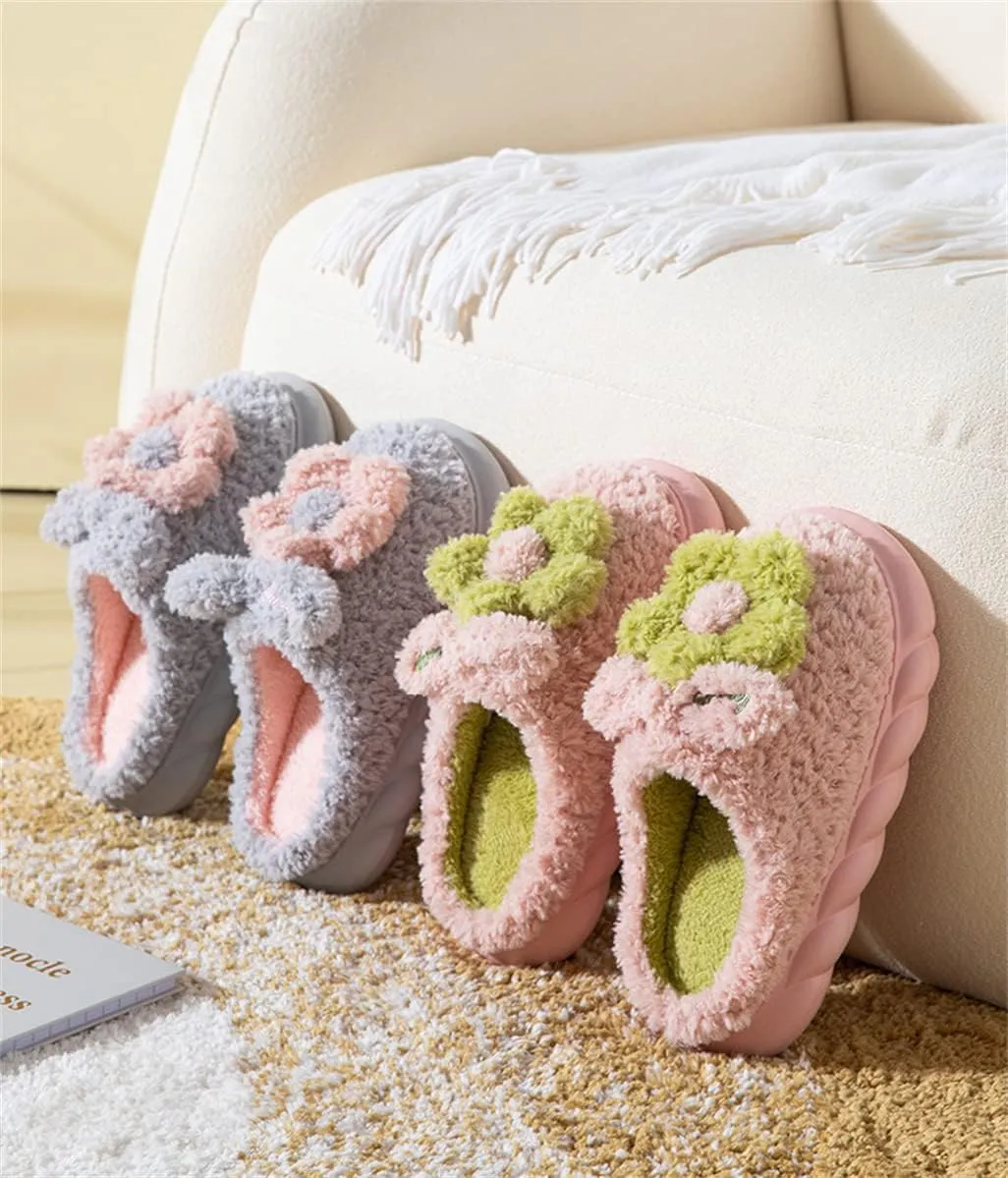 Women's Slippers Adult Warm Plush Flowers Indoor Non-slip Home Thick Bottom Winter Men's Cotton
