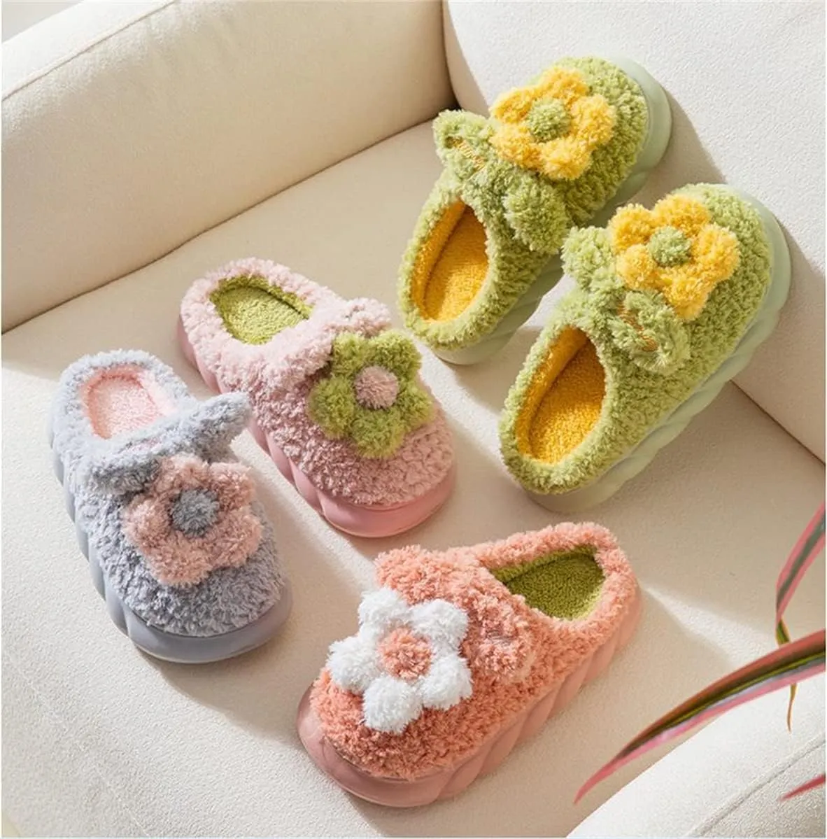Women's Slippers Adult Warm Plush Flowers Indoor Non-slip Home Thick Bottom Winter Men's Cotton