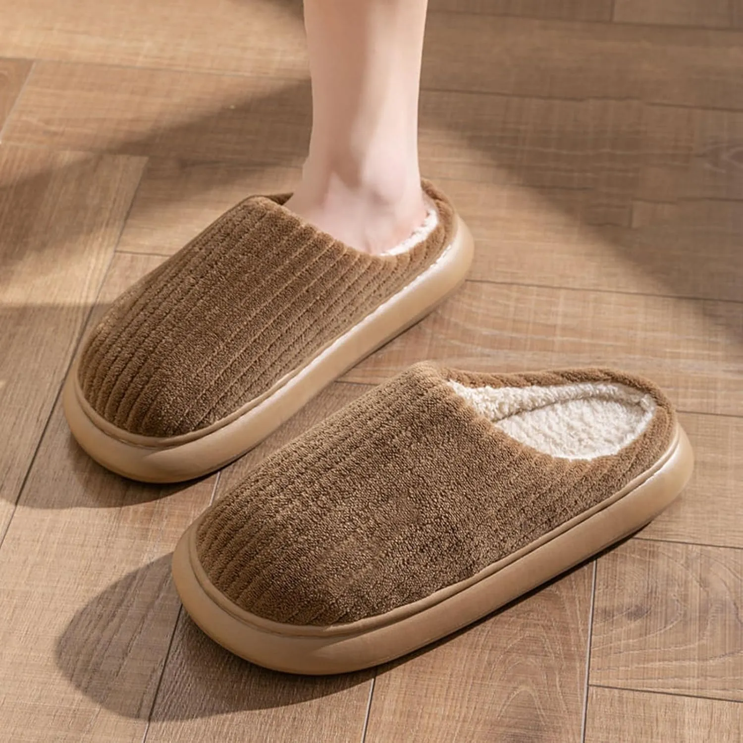 Womens Slippers Plush Lined Striped Slip On Slipper Non Slip Casual Bedroom Slippers for Men Cozy Cotton Slippers
