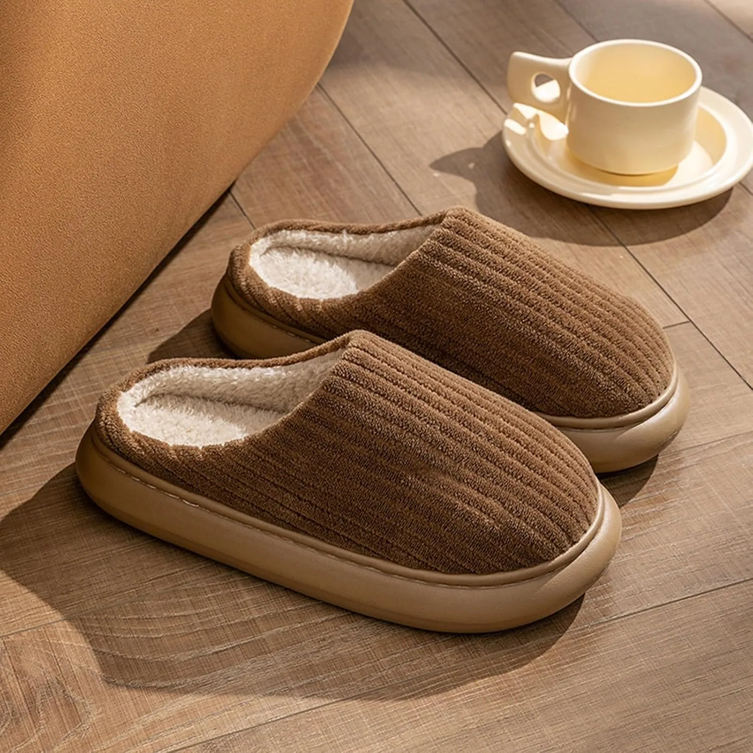 Womens Slippers Plush Lined Striped Slip On Slipper Non Slip Casual Bedroom Slippers for Men Cozy Cotton Slippers