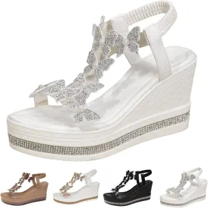 Women's Summer Sandals Sparkly Butterfly Open Toe Clear Elastic Ankle Strap Sandal Dressy Casual Flats Comfortable Beach Walking Shoes Vacation Walking Shoes Rhinestone Flat