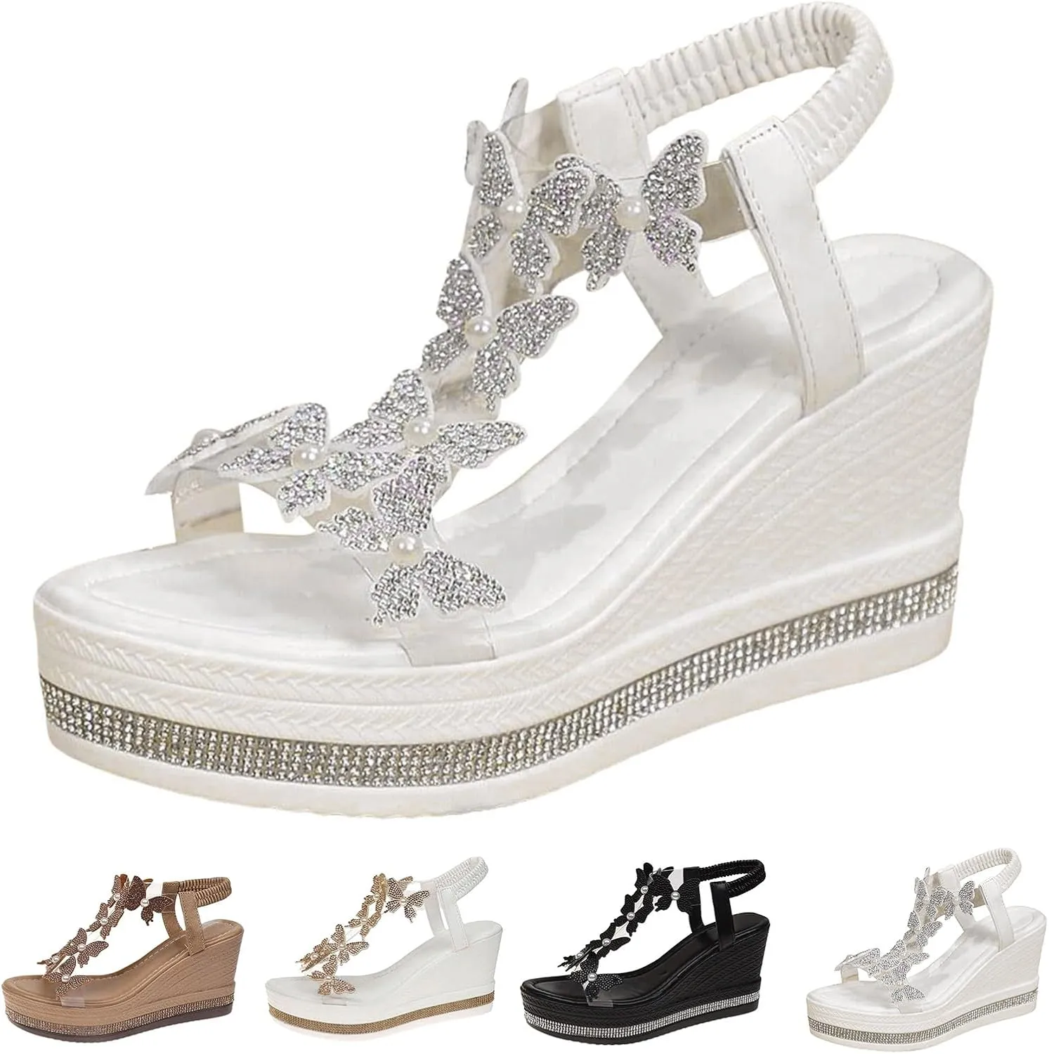 Women's Summer Sandals Sparkly Butterfly Open Toe Clear Elastic Ankle Strap Sandal Dressy Casual Flats Comfortable Beach Walking Shoes Vacation Walking Shoes Rhinestone Flat