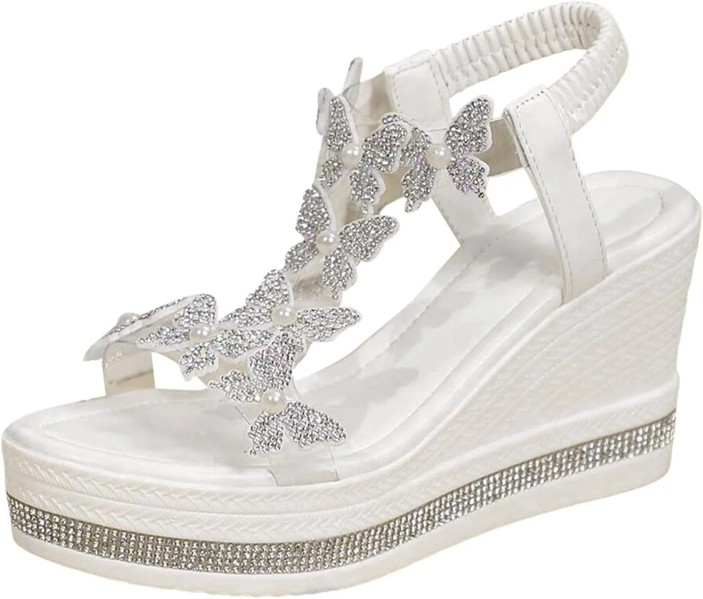 Women's Summer Sandals Sparkly Butterfly Open Toe Clear Elastic Ankle Strap Sandal Dressy Casual Flats Comfortable Beach Walking Shoes Vacation Walking Shoes Rhinestone Flat