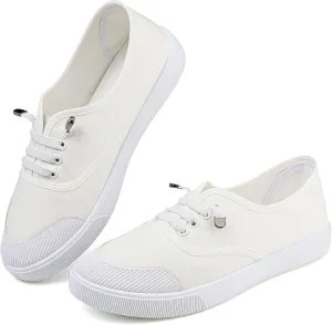 Womens White Canvas Sneakers Lightweight Lace Up Fashion Comfortable Canvas Shoes Low Top Slip On Casual Tennis Walking Shoes Women Footwear