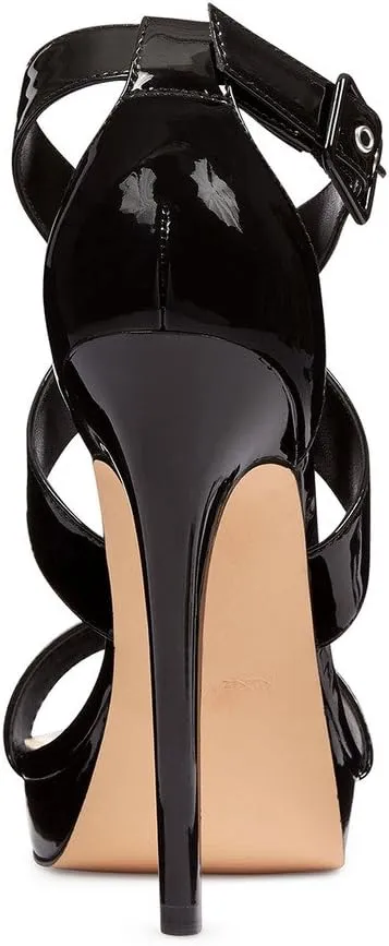 XYD Sexy Low Platform High Heel Sandals Crossover Strappy Open Toe Pumps Patent Leather Pub Party Shoes for Women