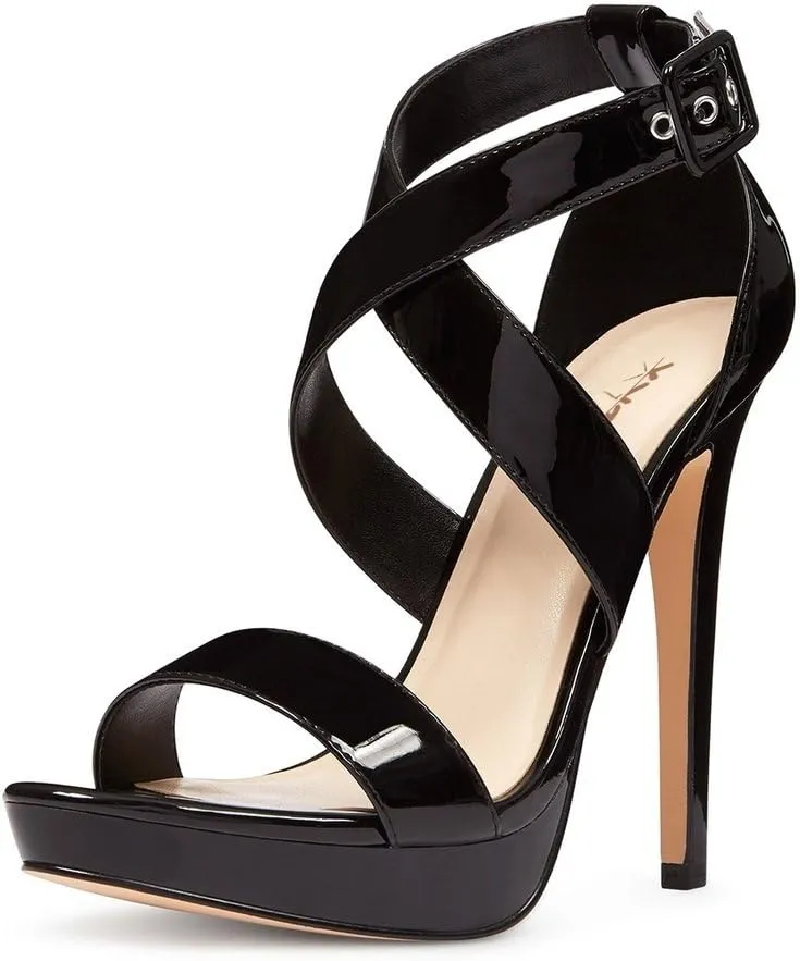 XYD Sexy Low Platform High Heel Sandals Crossover Strappy Open Toe Pumps Patent Leather Pub Party Shoes for Women
