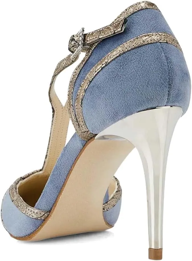 XYD Women High Heel Pumps Pointed Closed Toe Velvet D'Orsay Strappy Sandals Plated Heeled Elegant Party Evening Shoes