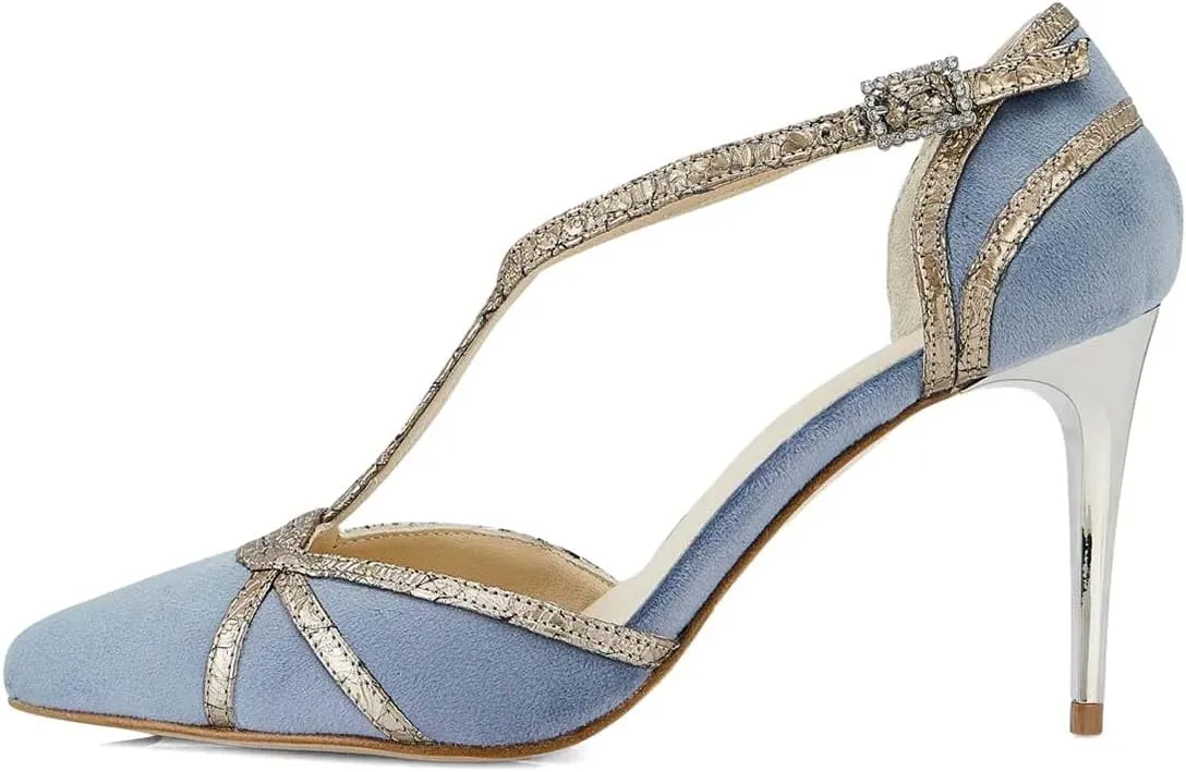 XYD Women High Heel Pumps Pointed Closed Toe Velvet D'Orsay Strappy Sandals Plated Heeled Elegant Party Evening Shoes