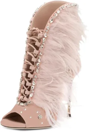 XYD Women Rhinestones Studs Open Toe Ankle Boots Lace Up Stiletto Heel Shoes Back Zip Stylish Feather Sandals for Party Evening Event