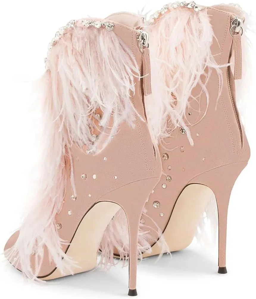 XYD Women Rhinestones Studs Open Toe Ankle Boots Lace Up Stiletto Heel Shoes Back Zip Stylish Feather Sandals for Party Evening Event