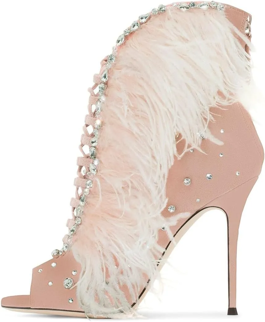 XYD Women Rhinestones Studs Open Toe Ankle Boots Lace Up Stiletto Heel Shoes Back Zip Stylish Feather Sandals for Party Evening Event