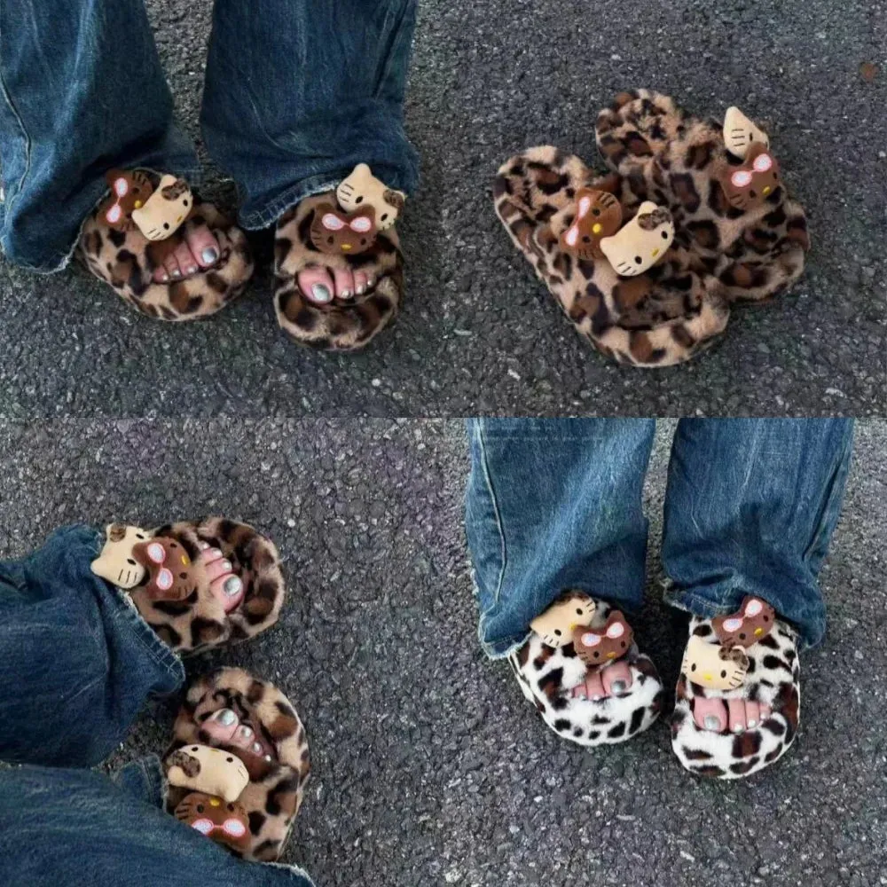 Y2K Hello Kitty Leopard Print Plush Slippers
