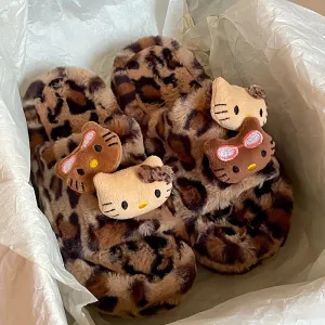Y2K Hello Kitty Leopard Print Plush Slippers