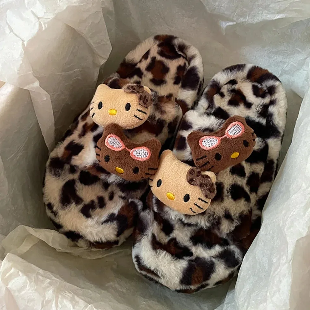 Y2K Hello Kitty Leopard Print Plush Slippers