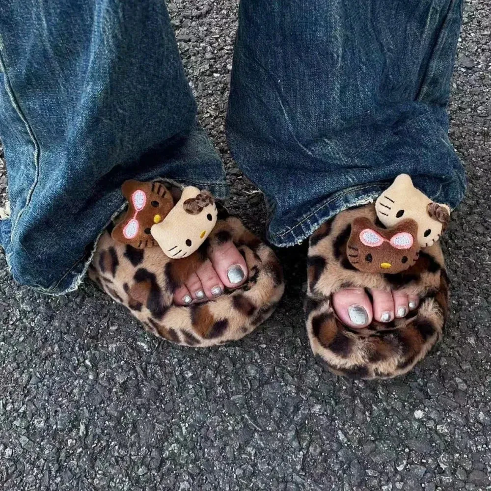 Y2K Hello Kitty Leopard Print Plush Slippers