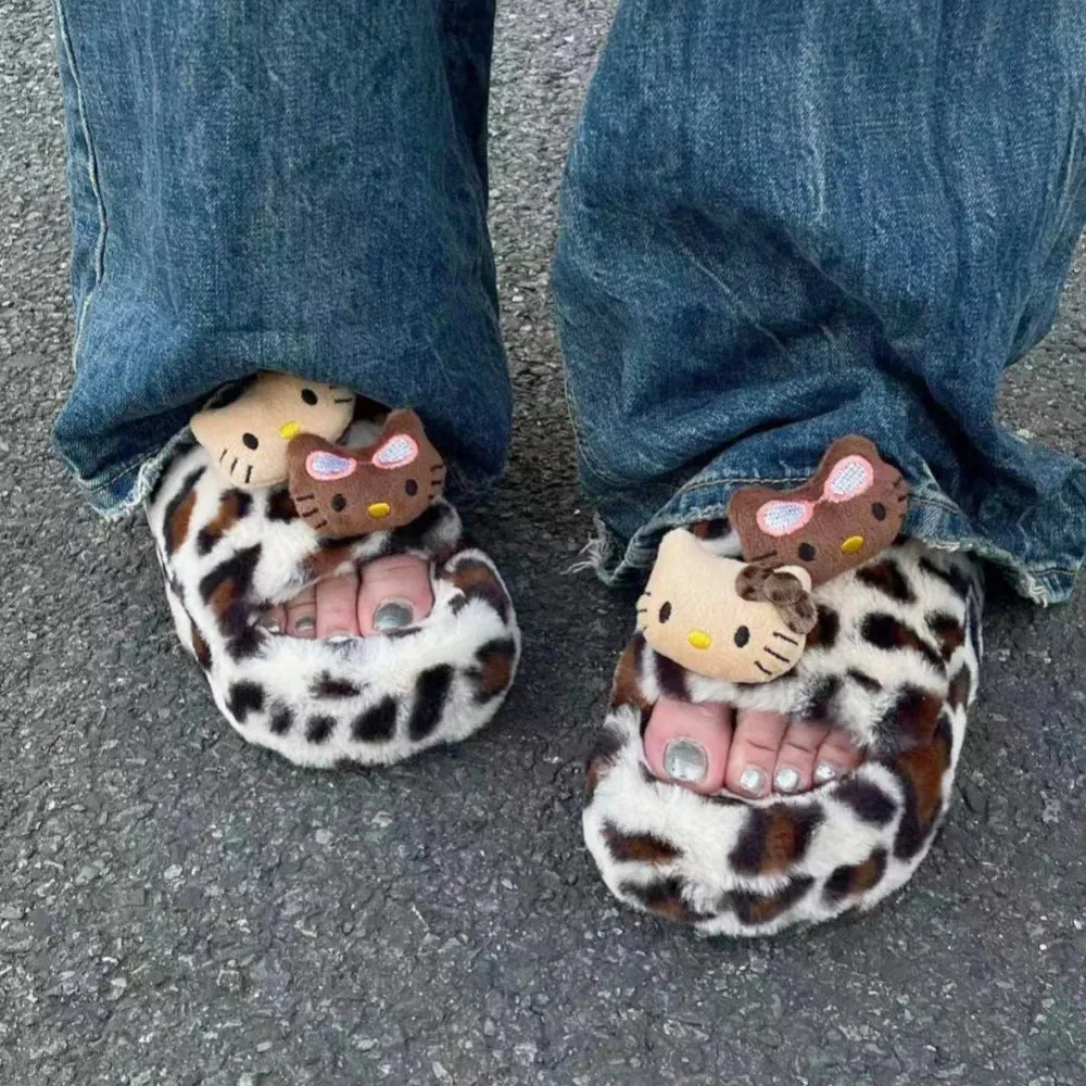 Y2K Hello Kitty Leopard Print Plush Slippers