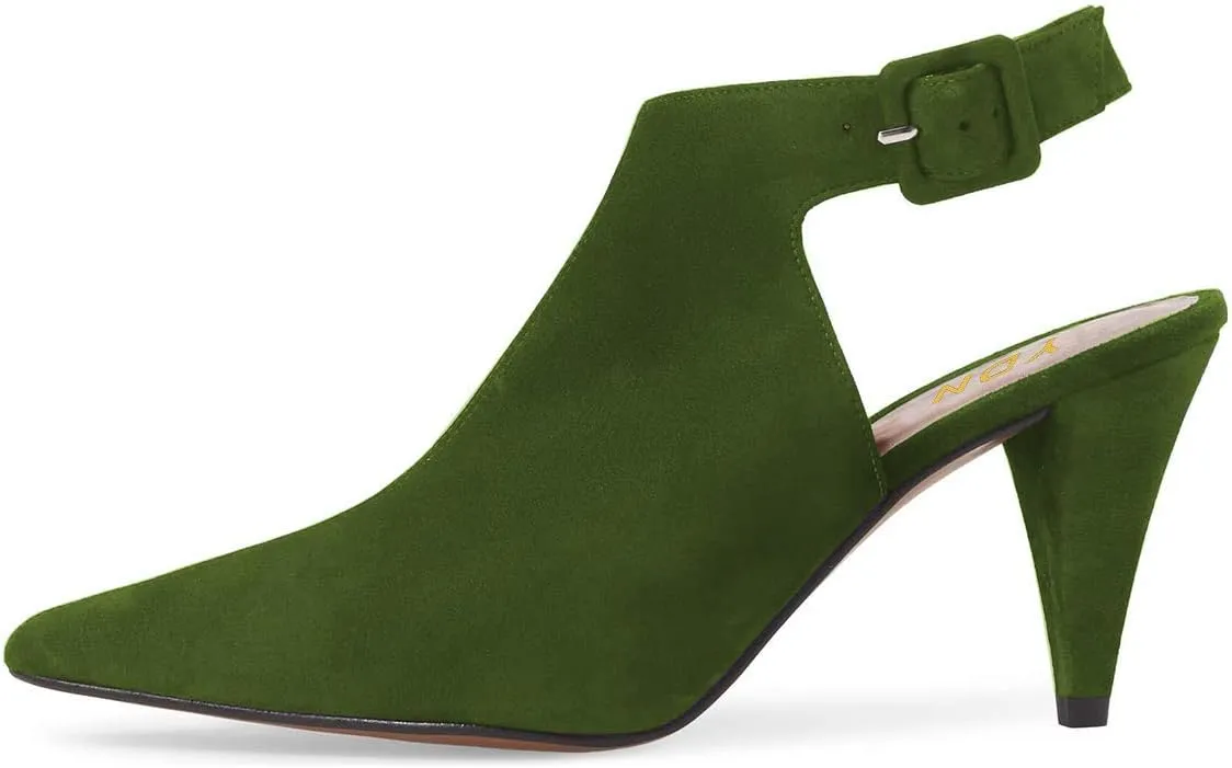 YDN Women Pointed Toe Cone High Heels Slingback Booties Ankle Strap Faux Suede Buckle Party Dress Sandal Size 4-15 US