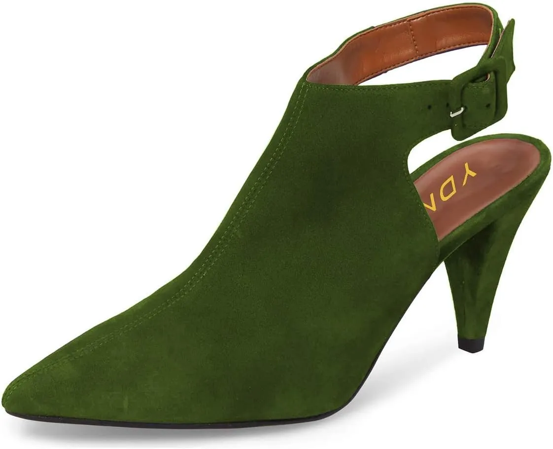 YDN Women Pointed Toe Cone High Heels Slingback Booties Ankle Strap Faux Suede Buckle Party Dress Sandal Size 4-15 US