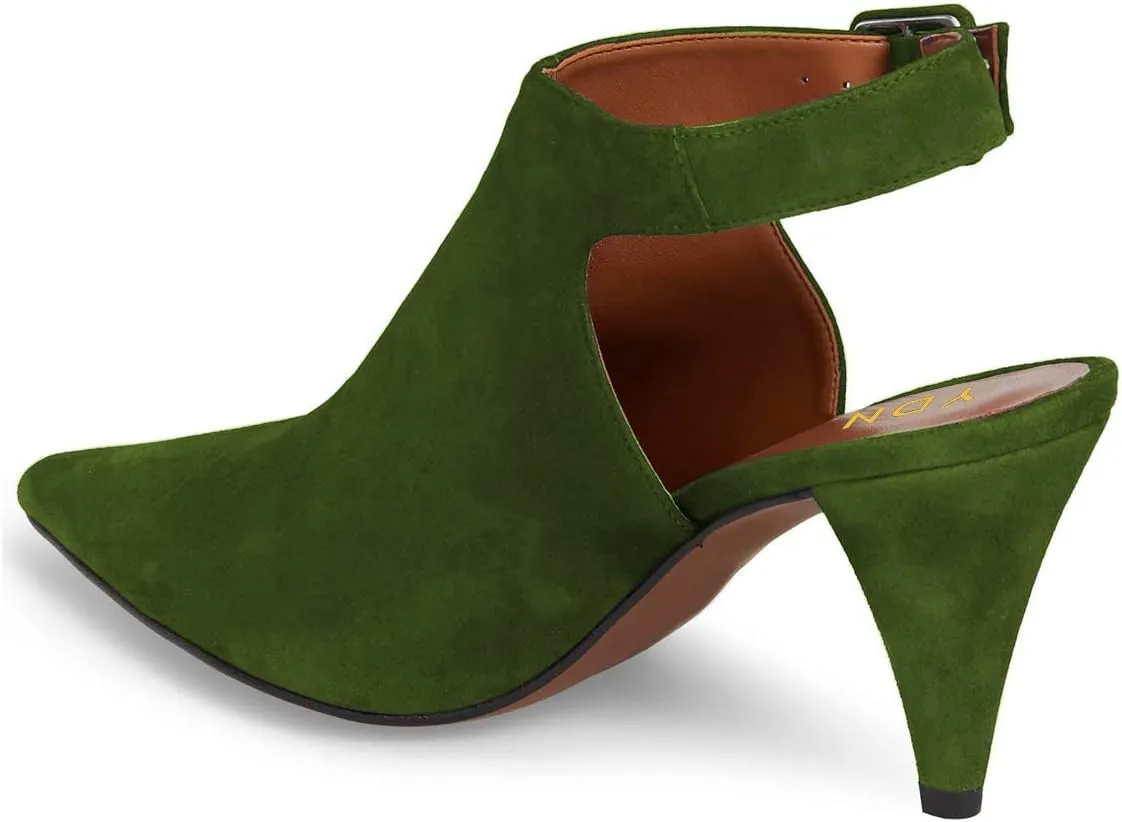 YDN Women Pointed Toe Cone High Heels Slingback Booties Ankle Strap Faux Suede Buckle Party Dress Sandal Size 4-15 US