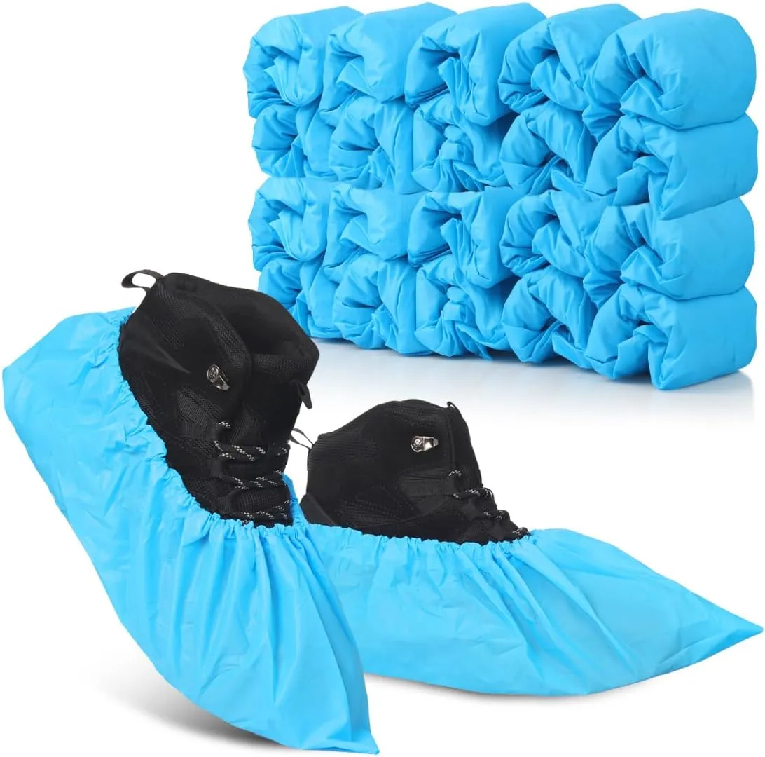 Yeios Shoe Covers Disposable 100 Pack (50 Pairs) Waterproof CPE Shoe Booties Covers Nonslip Durable Protector for Shoes Stretchable Fits up to 11 US Men and 13 US Women Size Blue