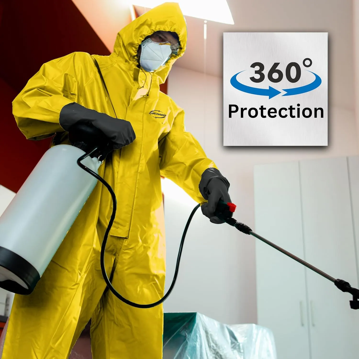 Yellow Coverall Chemical Suit With Reusable Acid Resistant Gloves And Plastic Waterproof Shoe Cover