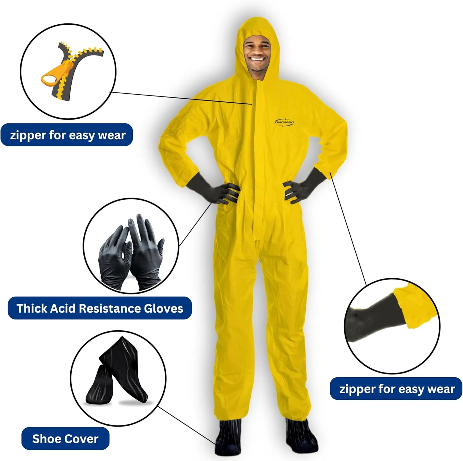 Yellow Coverall Chemical Suit With Reusable Acid Resistant Gloves And Plastic Waterproof Shoe Cover