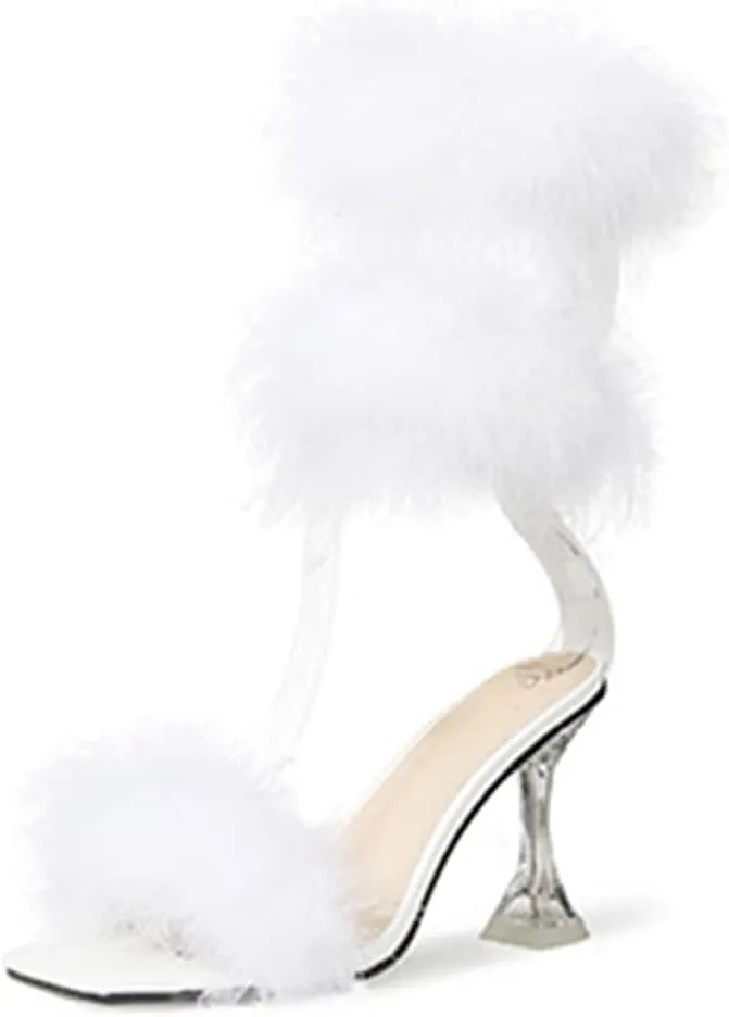 YIBLBOX Women's Fluffy Feather Square Toe High Heel Clear Block Heel High Heels Wedding Dress Sandal