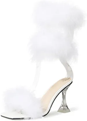 YIBLBOX Women's Fluffy Feather Square Toe High Heel Clear Block Heel High Heels Wedding Dress Sandal