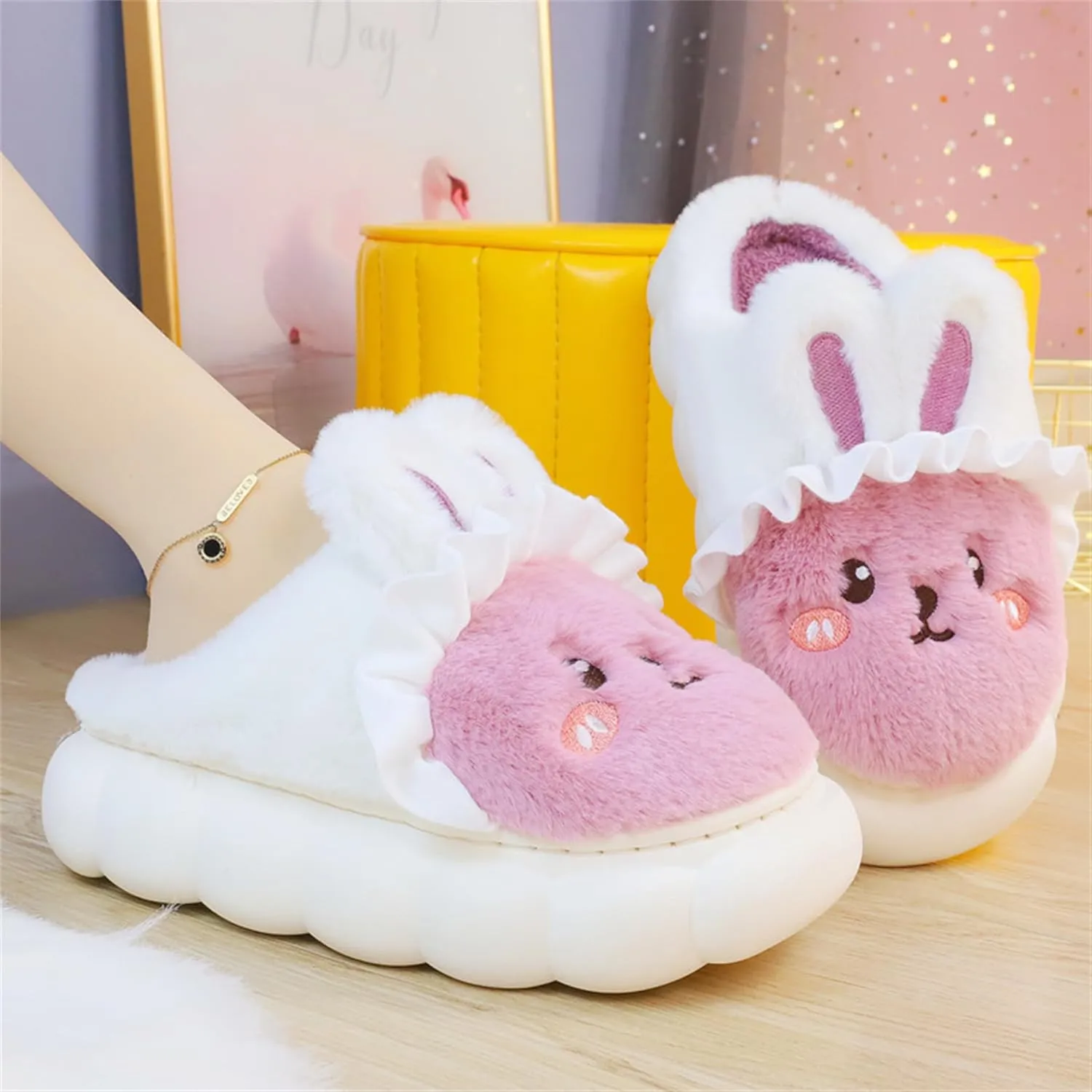 YILANLAN Bunny Slippers for Women Cute Cozy Animal Rabbit Slippers Fuzzy Warm Winter Cotton slipper Indoor House Slippers