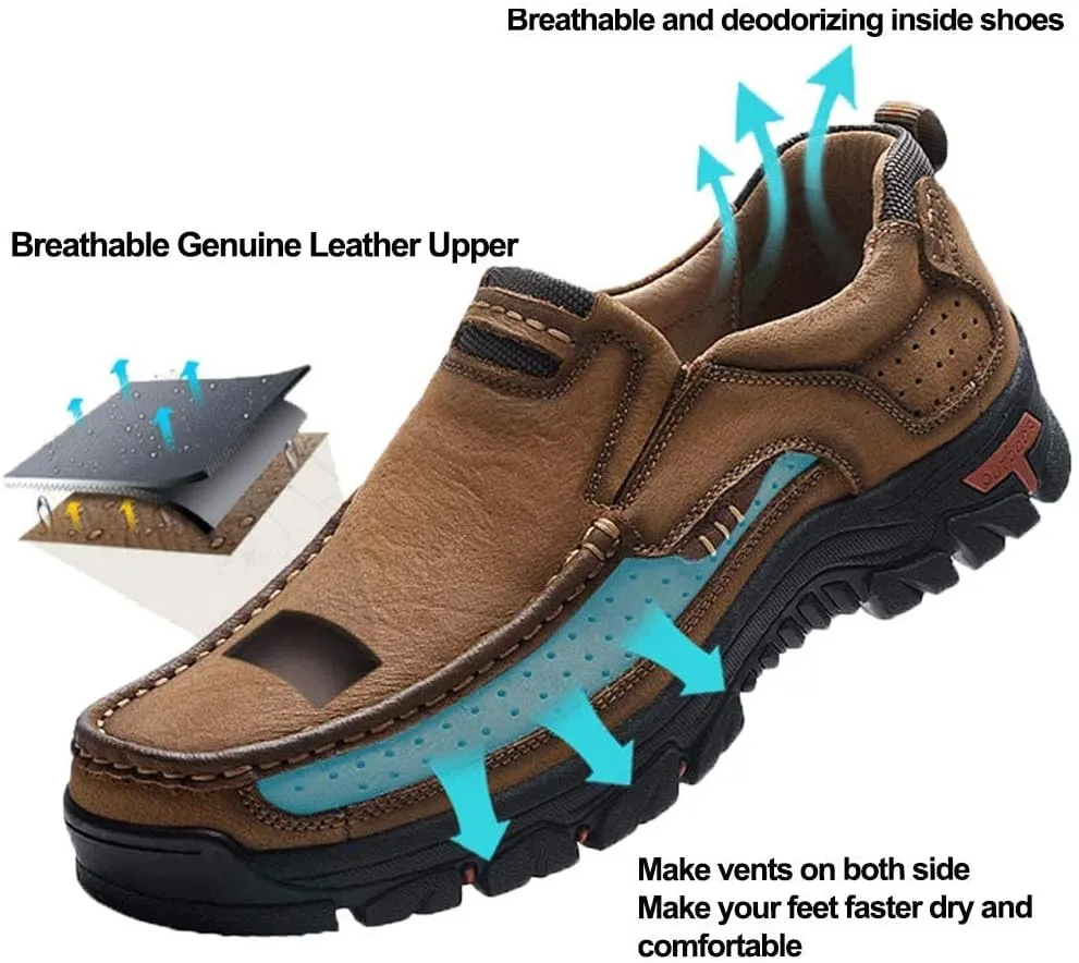 YONGJIA Men's Classic Outdoor Leather Non-Slip Lightweight Breathable Loafers Shoes Hiking Casual Shoes