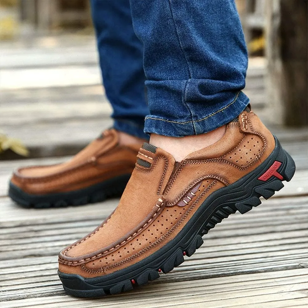 YONGJIA Men's Classic Outdoor Leather Non-Slip Lightweight Breathable Loafers Shoes Hiking Casual Shoes